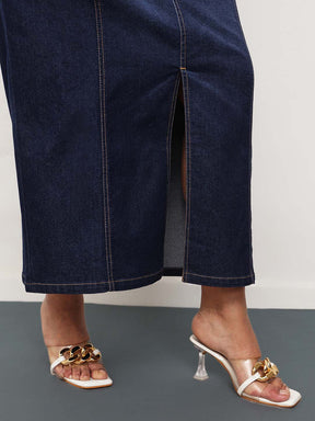 Women Navy Blast Denim Front Slit Midi Skirt