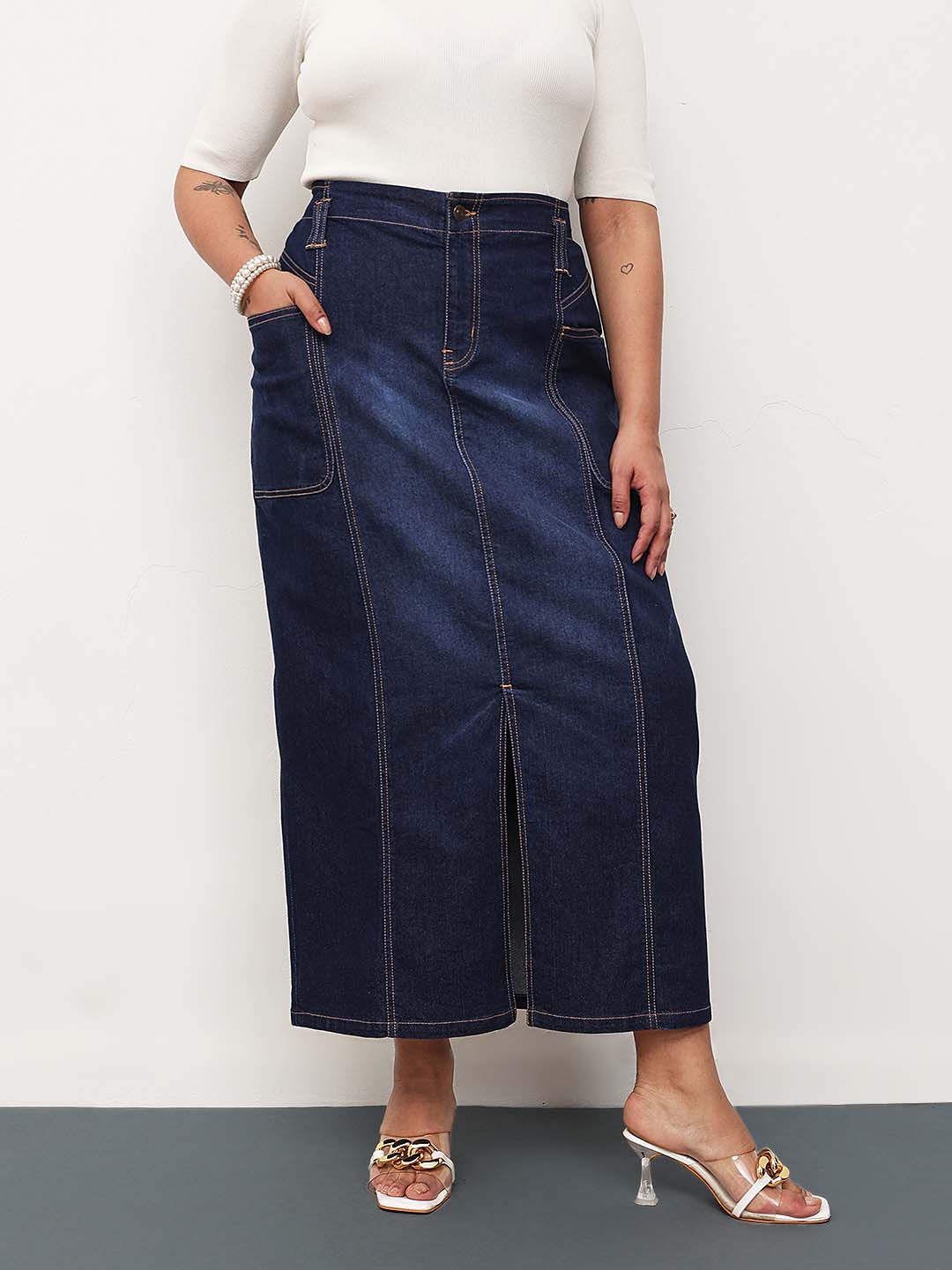 Women Navy Blast Denim Front Slit Midi Skirt