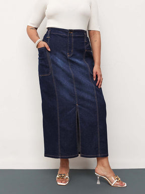 Women Navy Blast Denim Front Slit Midi Skirt