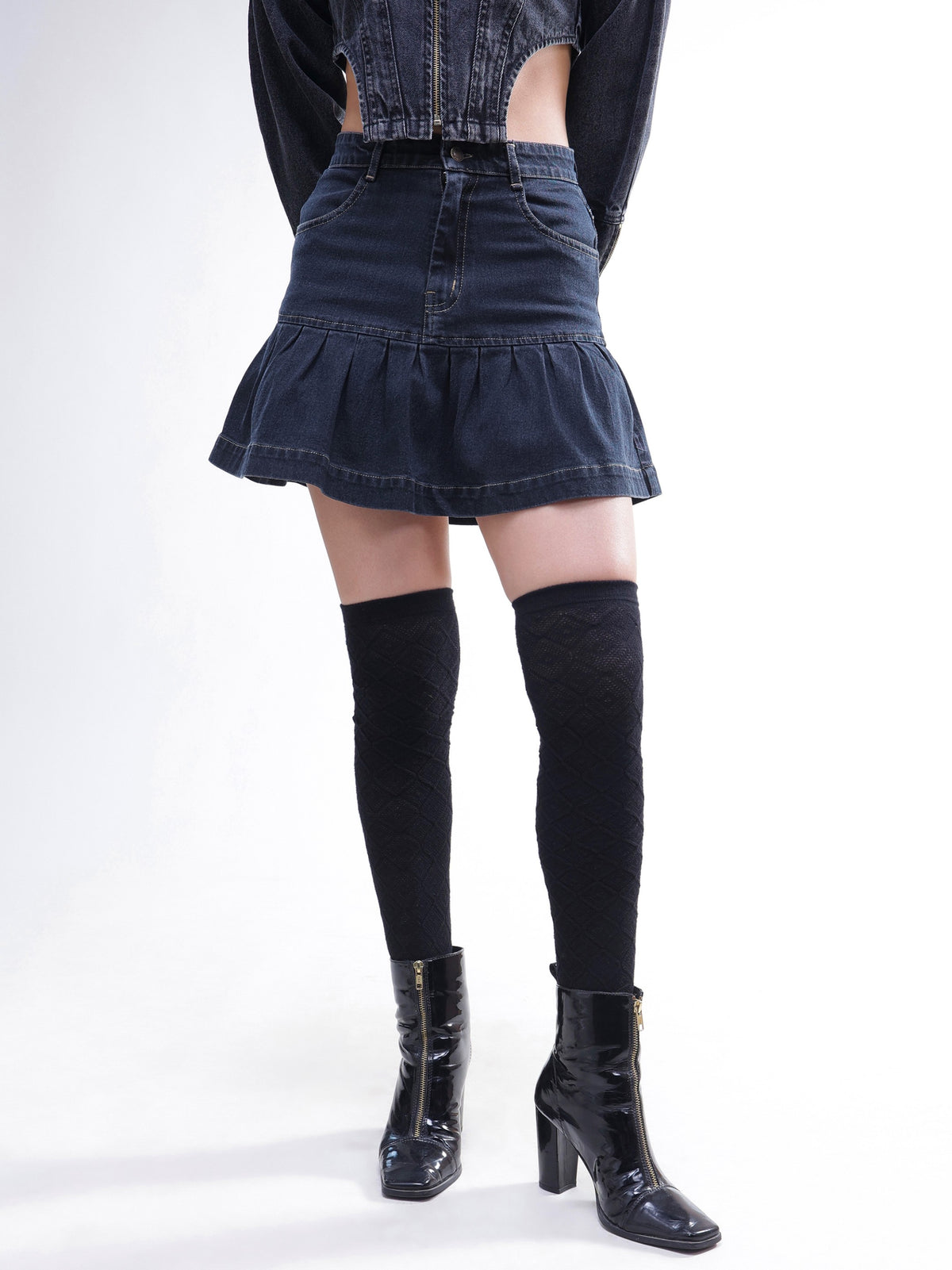 Black Wash Denim Pleated Mini Skirt-SASSAFRAS