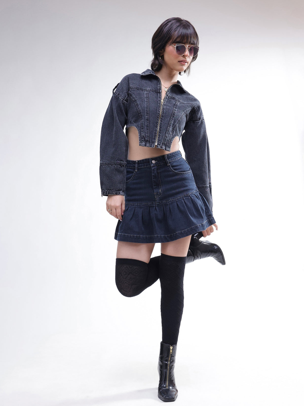 Black Wash Denim Pleated Mini Skirt-SASSAFRAS