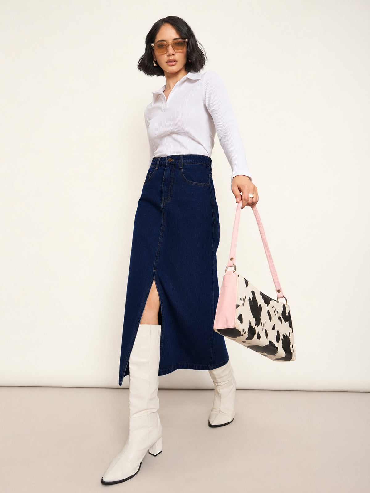 Navy Blue Denim Front Slit Midi Skirt-SASSAFRAS BASICS