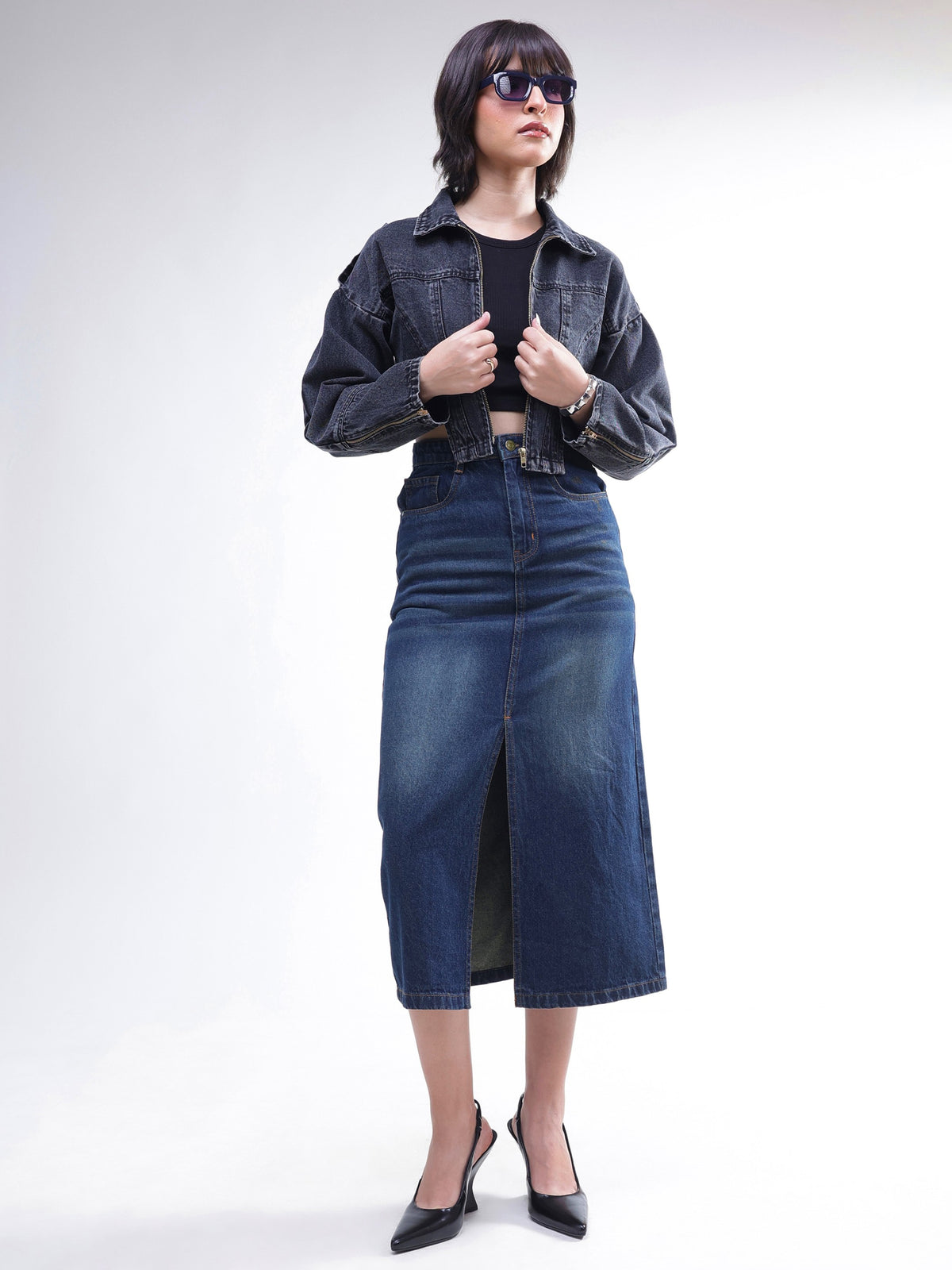 Blue Whisker Denim Front Slit Midi Skirt-SASSAFRAS BASICS