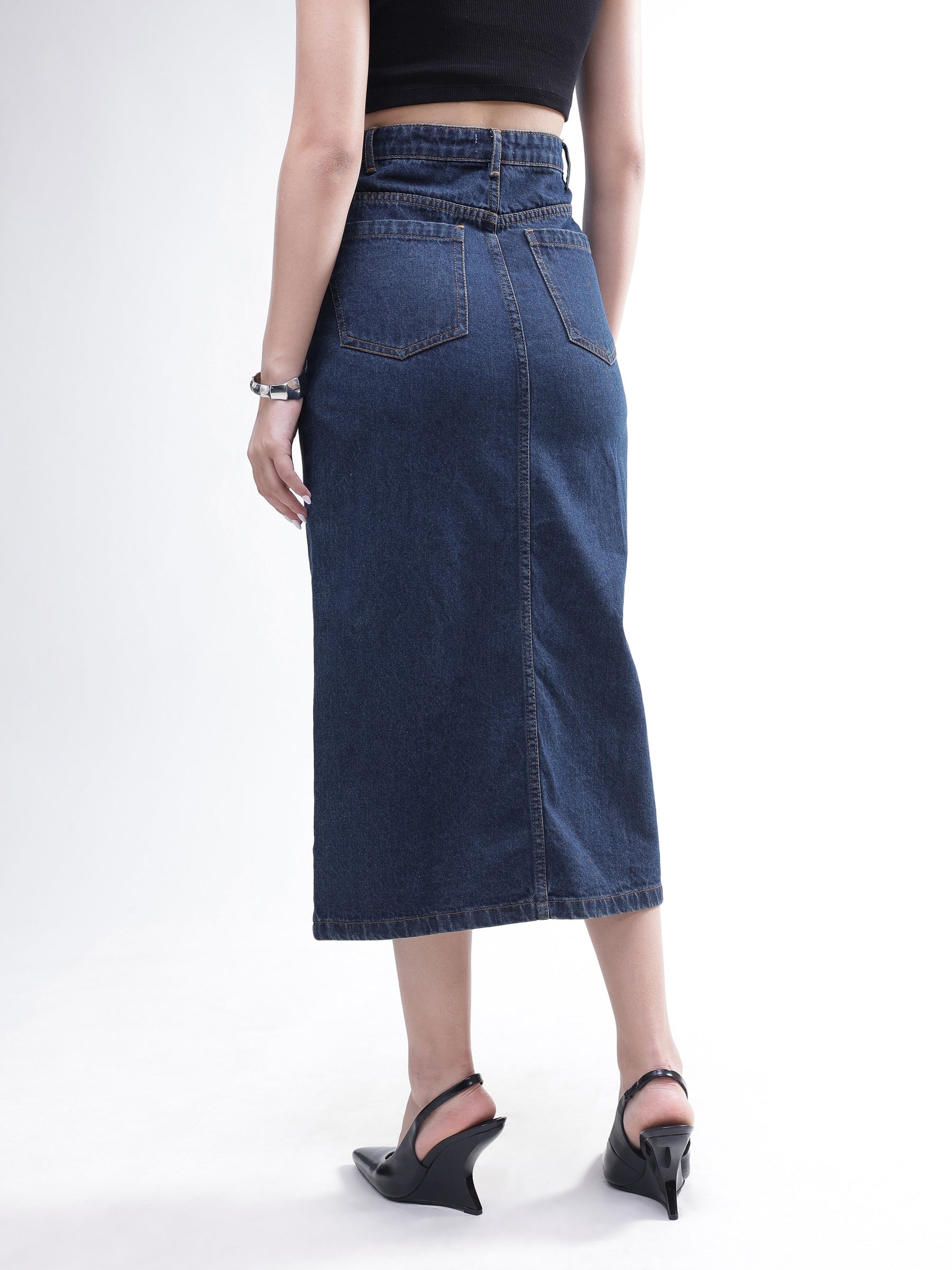 Blue Whisker Denim Front Slit Midi Skirt-SASSAFRAS BASICS