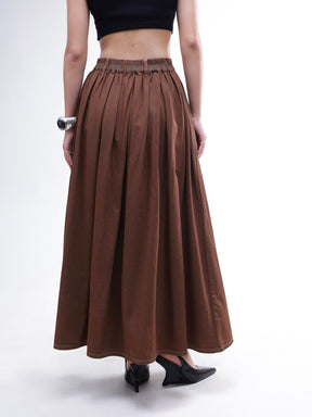Brown Wash Denim Box Pleated Maxi Skirt-SASSAFRAS