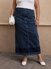 Navy Denim Wash Front Patch Pocket Maxi Skirt-SASSAFRAS Curve