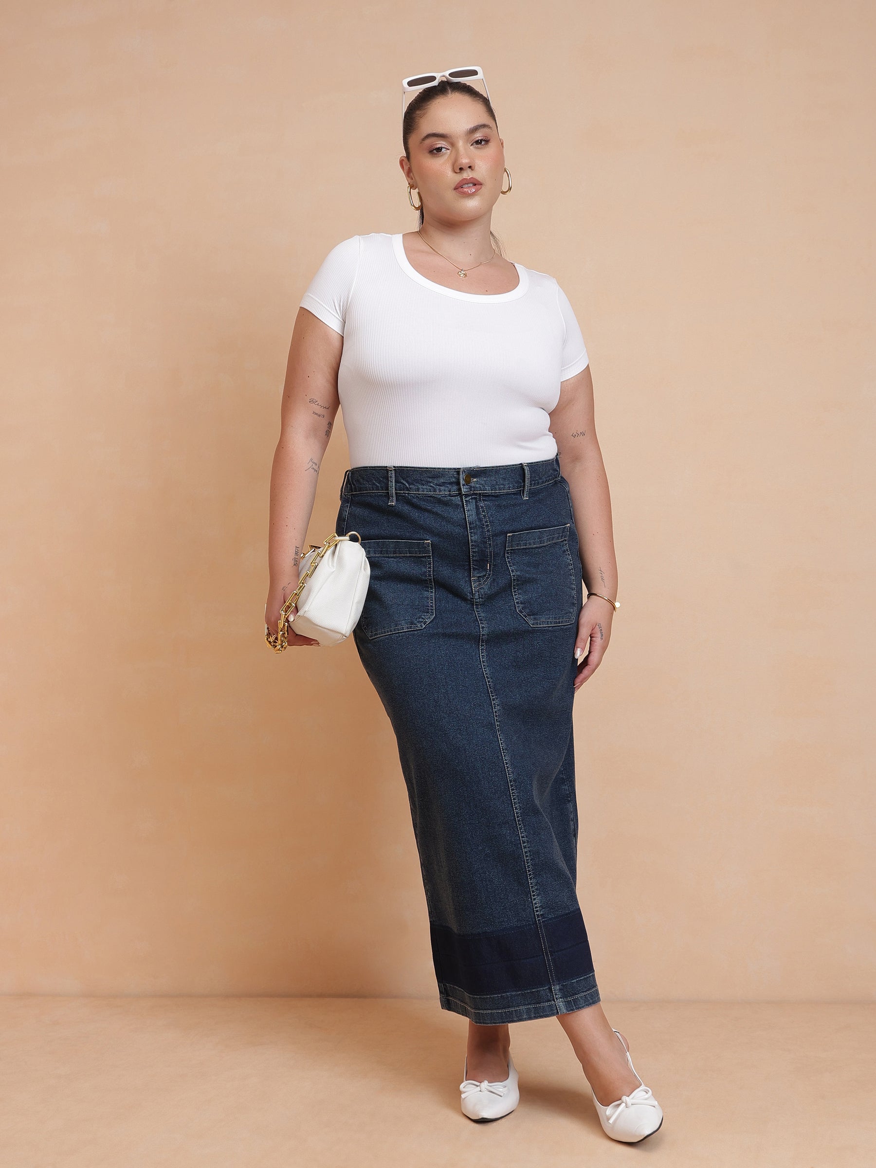 Navy Denim Wash Front Patch Pocket Maxi Skirt-SASSAFRAS Curve