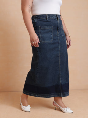 Navy Denim Wash Front Patch Pocket Maxi Skirt-SASSAFRAS Curve