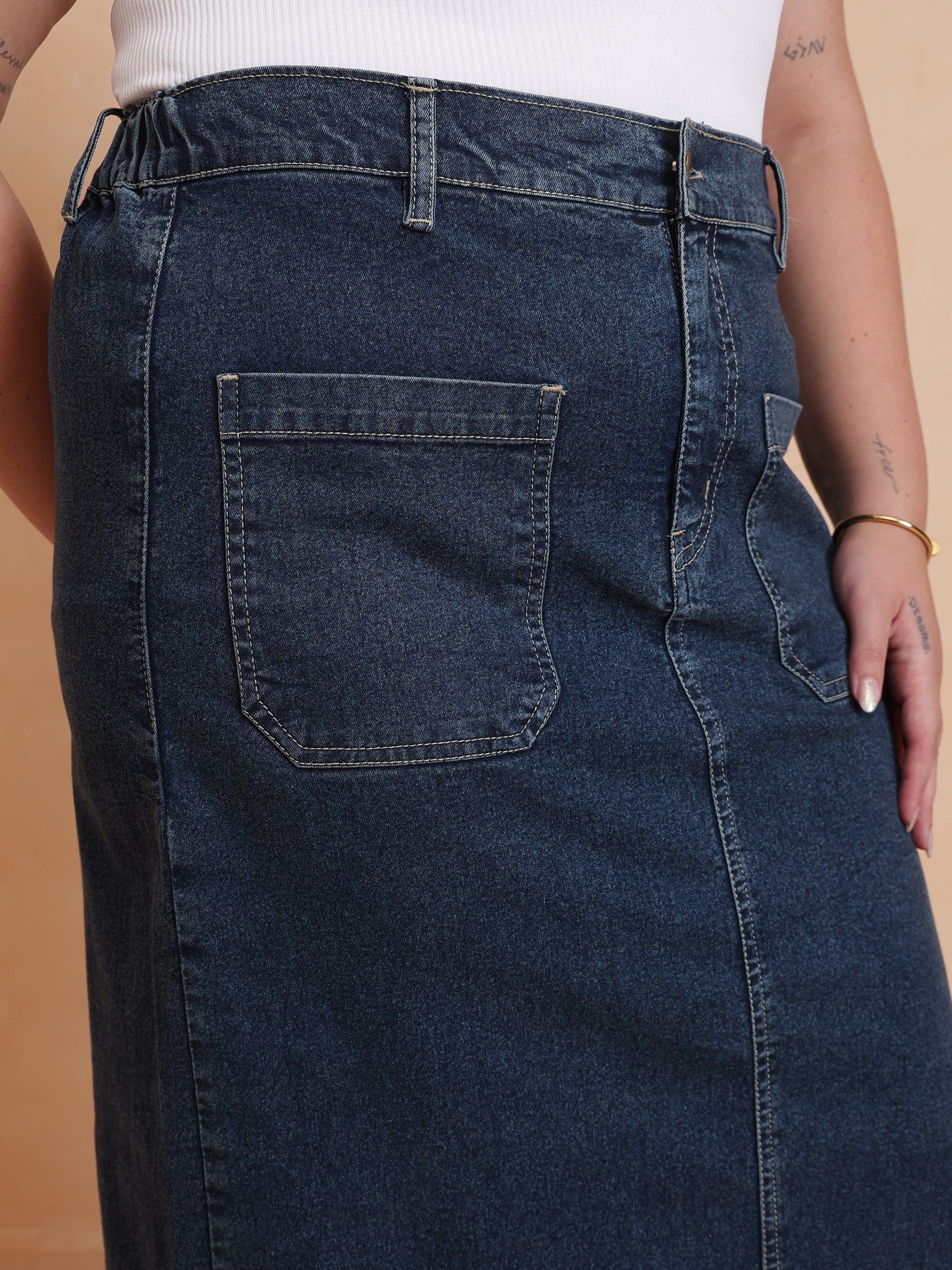 Navy Denim Wash Front Patch Pocket Maxi Skirt-SASSAFRAS Curve