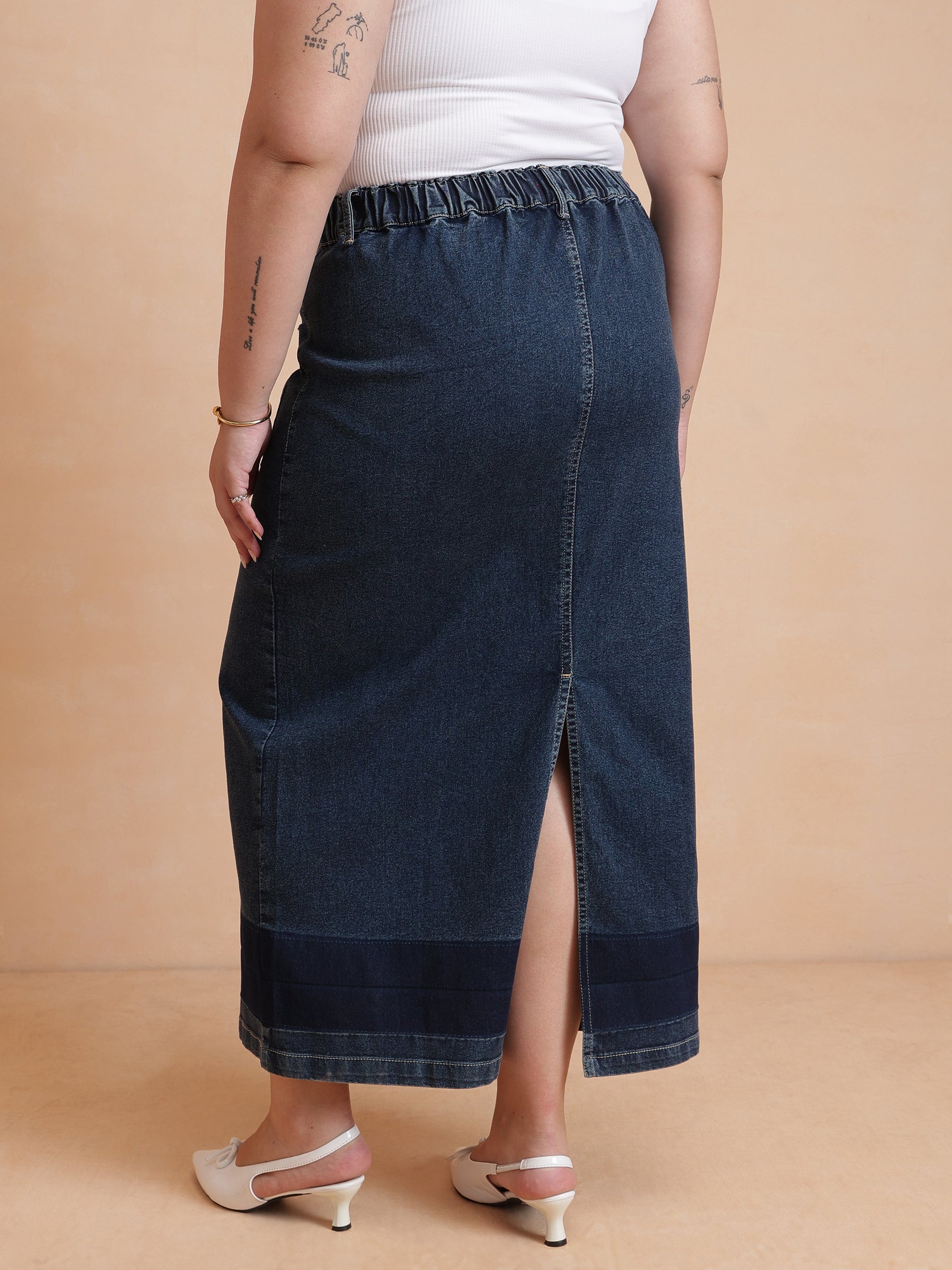Navy Denim Wash Front Patch Pocket Maxi Skirt-SASSAFRAS Curve