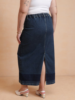 Navy Denim Wash Front Patch Pocket Maxi Skirt-SASSAFRAS Curve
