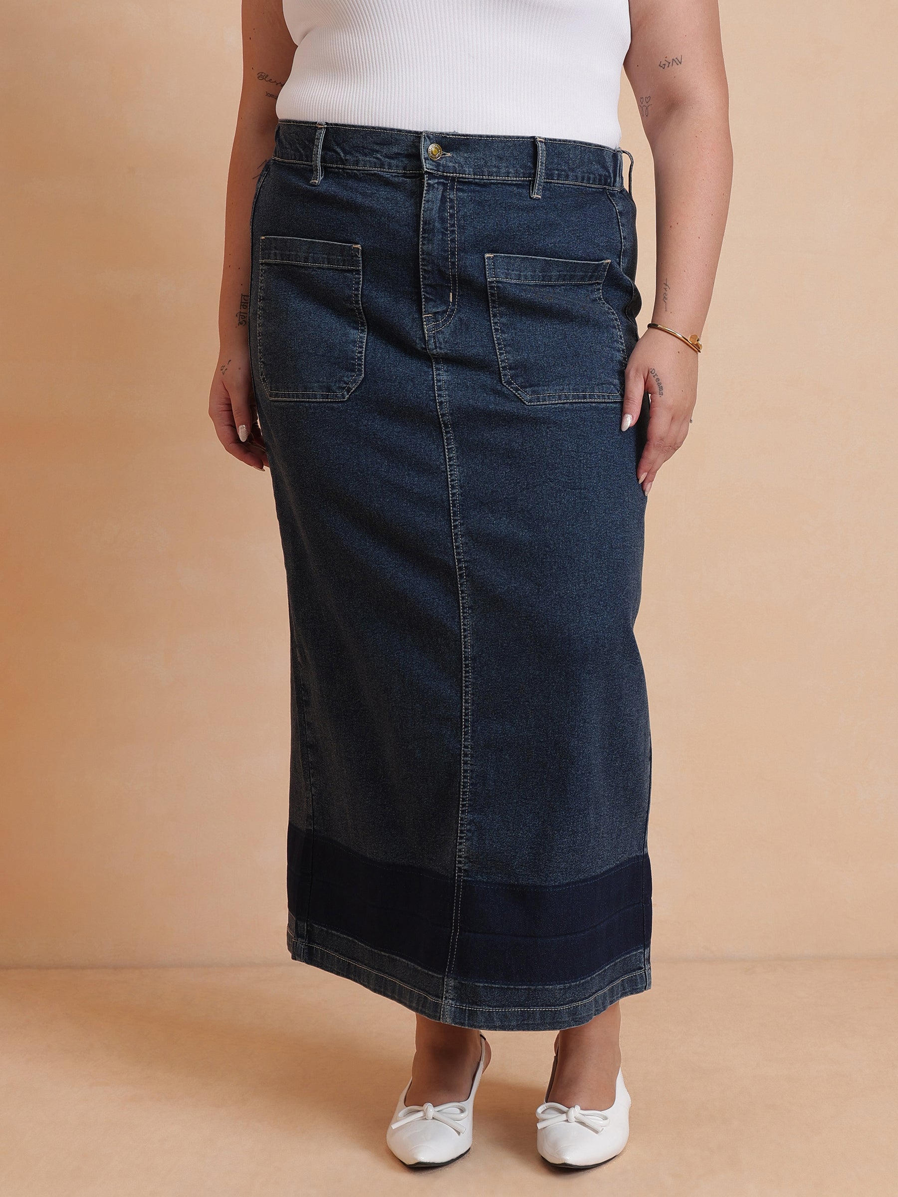 Women Navy Denim Wash Front Patch Pocket Maxi Skirt