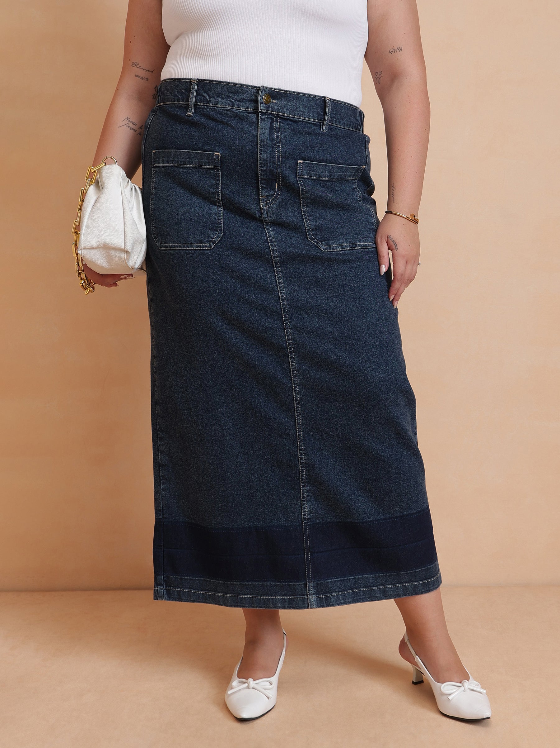 Women Navy Denim Wash Front Patch Pocket Maxi Skirt