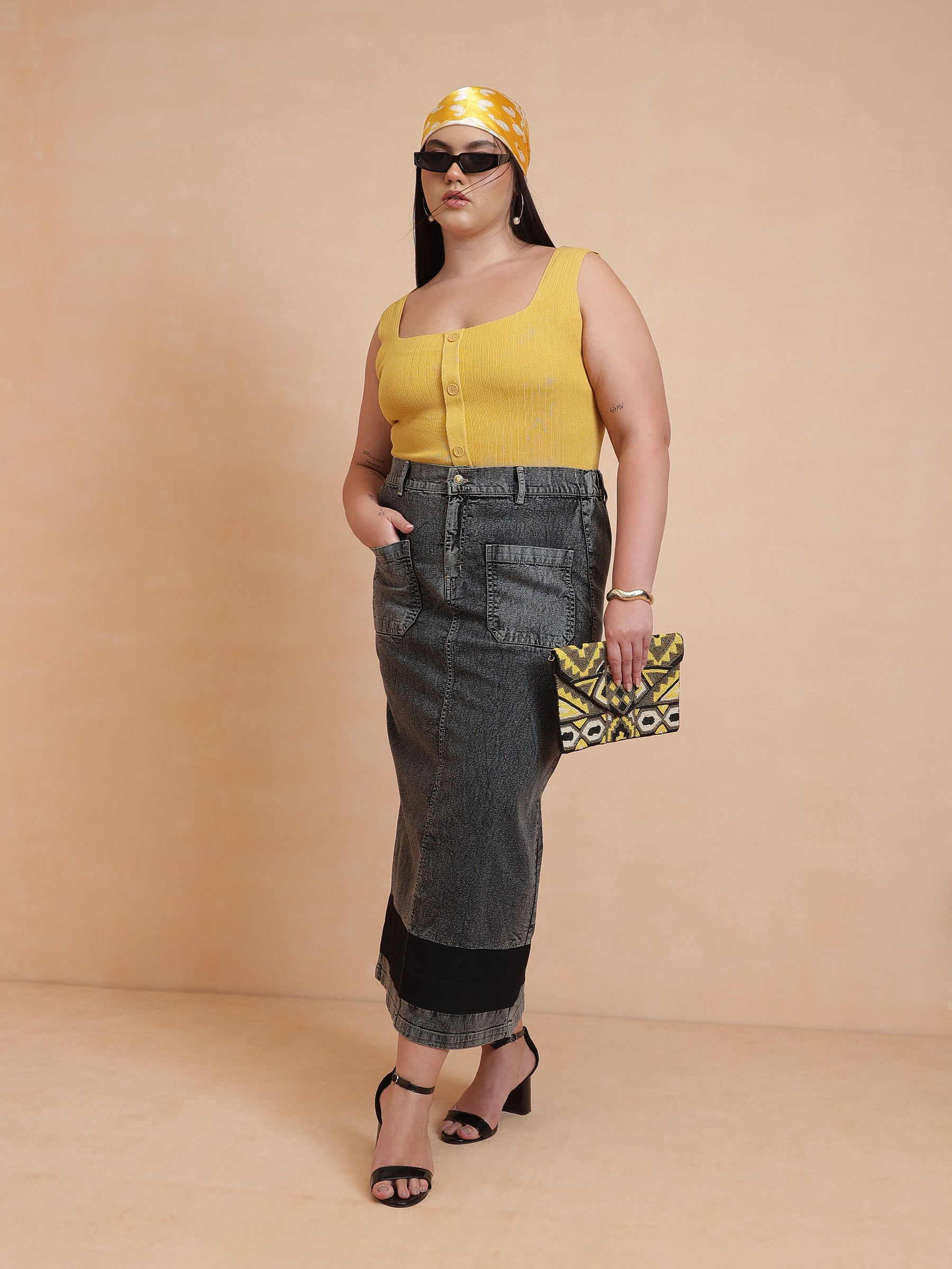Black Denim Wash Front Patch Pocket Maxi Skirt-SASSAFRAS Curve