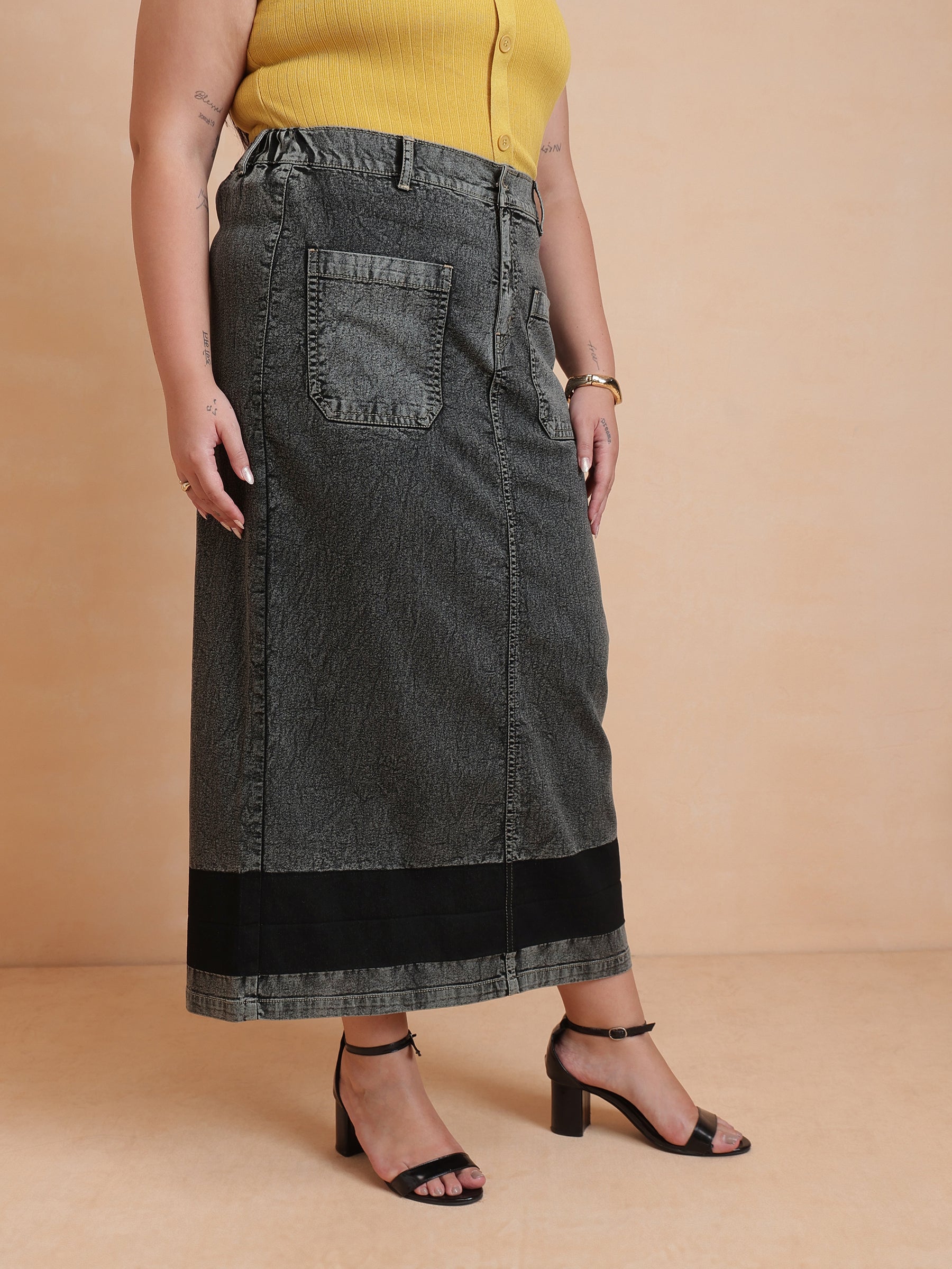 Black Denim Wash Front Patch Pocket Maxi Skirt-SASSAFRAS Curve