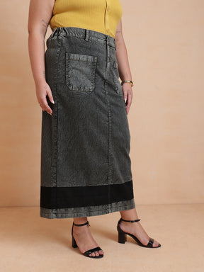 Black Denim Wash Front Patch Pocket Maxi Skirt-SASSAFRAS Curve