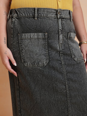 Black Denim Wash Front Patch Pocket Maxi Skirt-SASSAFRAS Curve