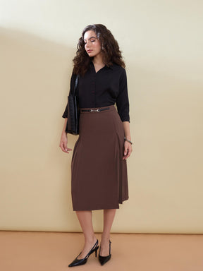 Brown Front Metal Trim A-Line Skirt -SASSAFRAS worklyf