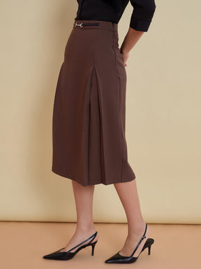 Brown Front Metal Trim A-Line Skirt -SASSAFRAS worklyf