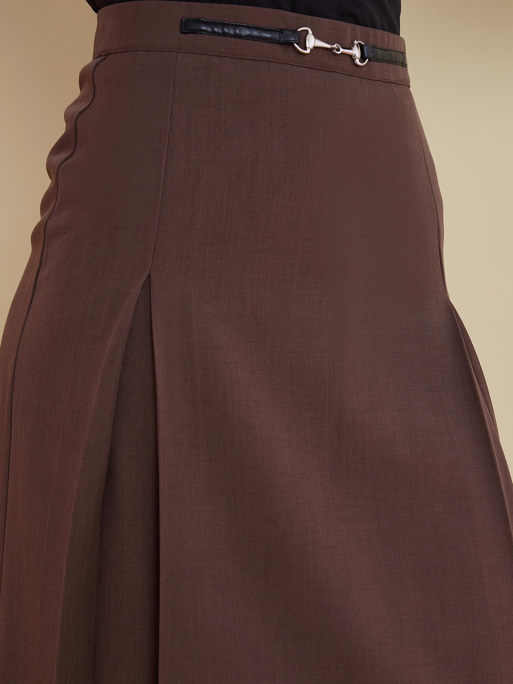 Brown Front Metal Trim A-Line Skirt -SASSAFRAS worklyf