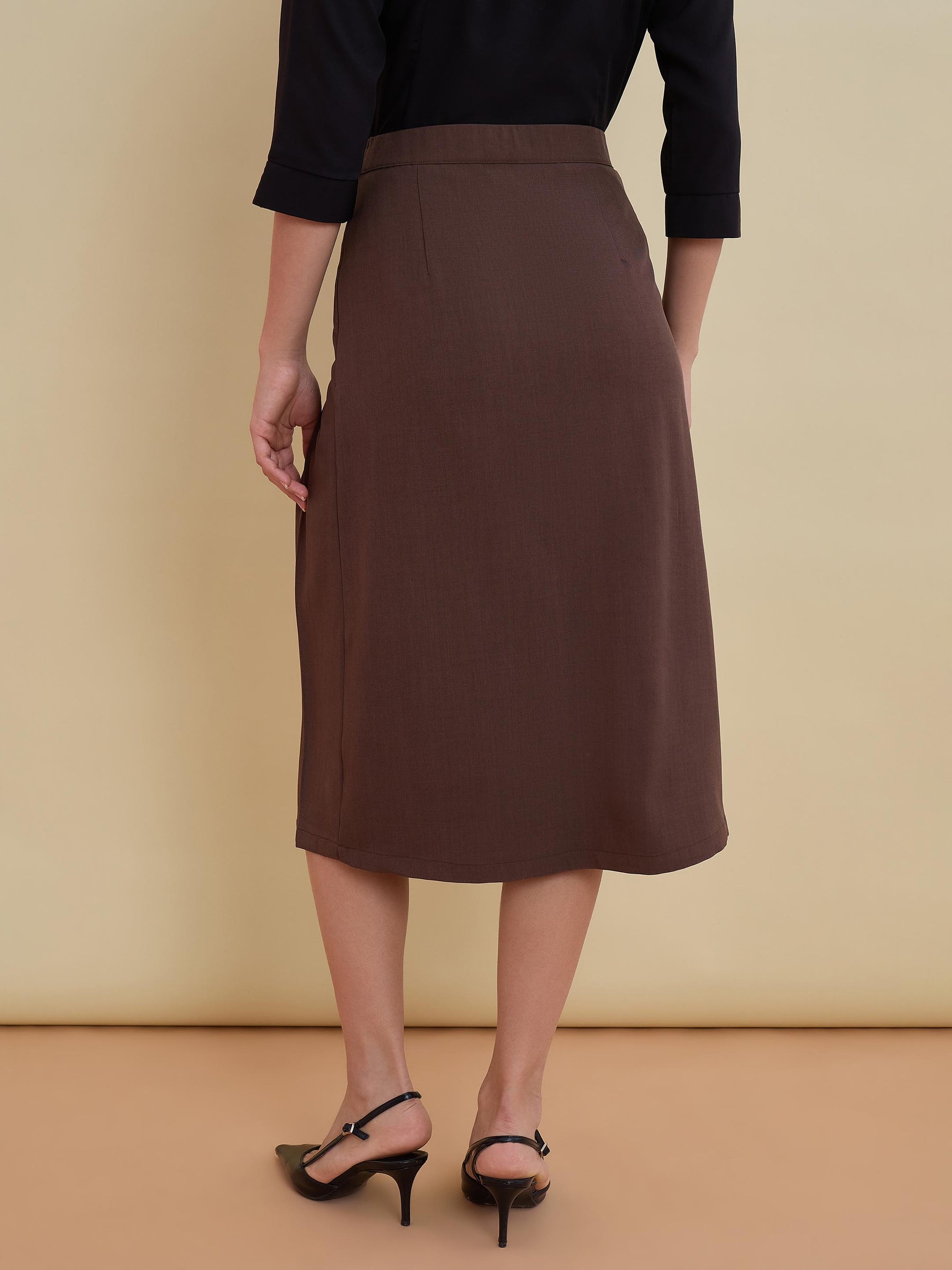 Brown Front Metal Trim A-Line Skirt -SASSAFRAS worklyf