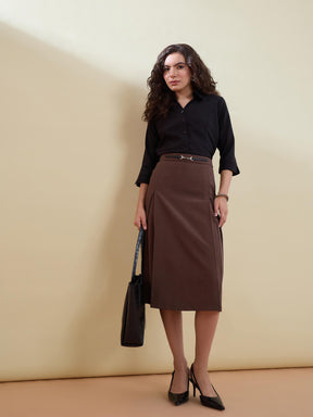 Women Brown Front Metal Trim A-Line Skirt