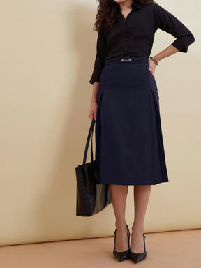 Navy Front Metal Trim A-Line Skirt -SASSAFRAS worklyf