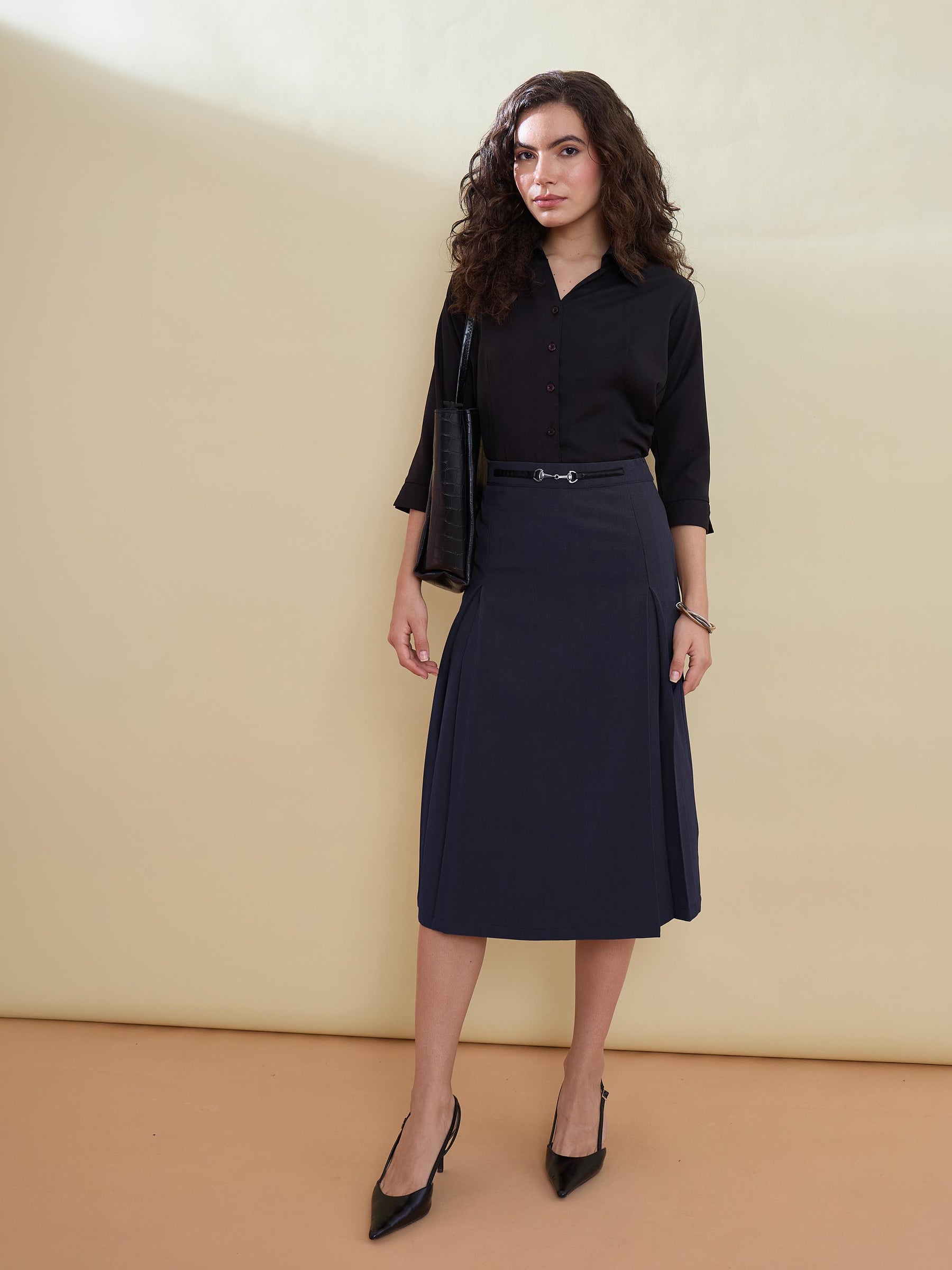 Navy Front Metal Trim A-Line Skirt -SASSAFRAS worklyf