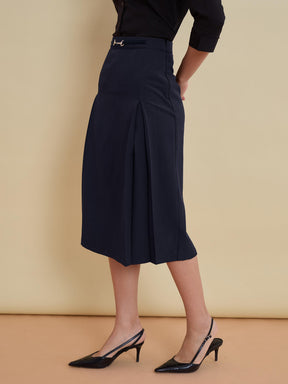 Navy Front Metal Trim A-Line Skirt -SASSAFRAS worklyf