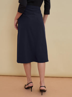 Navy Front Metal Trim A-Line Skirt -SASSAFRAS worklyf