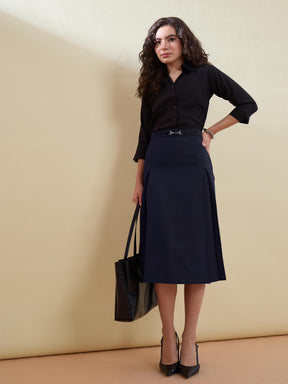 Women Navy Front Metal Trim A-Line Skirt
