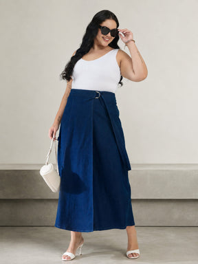 Navy Wash Side Pocket Midi Wrap Skirt-SASSAFRAS Curve