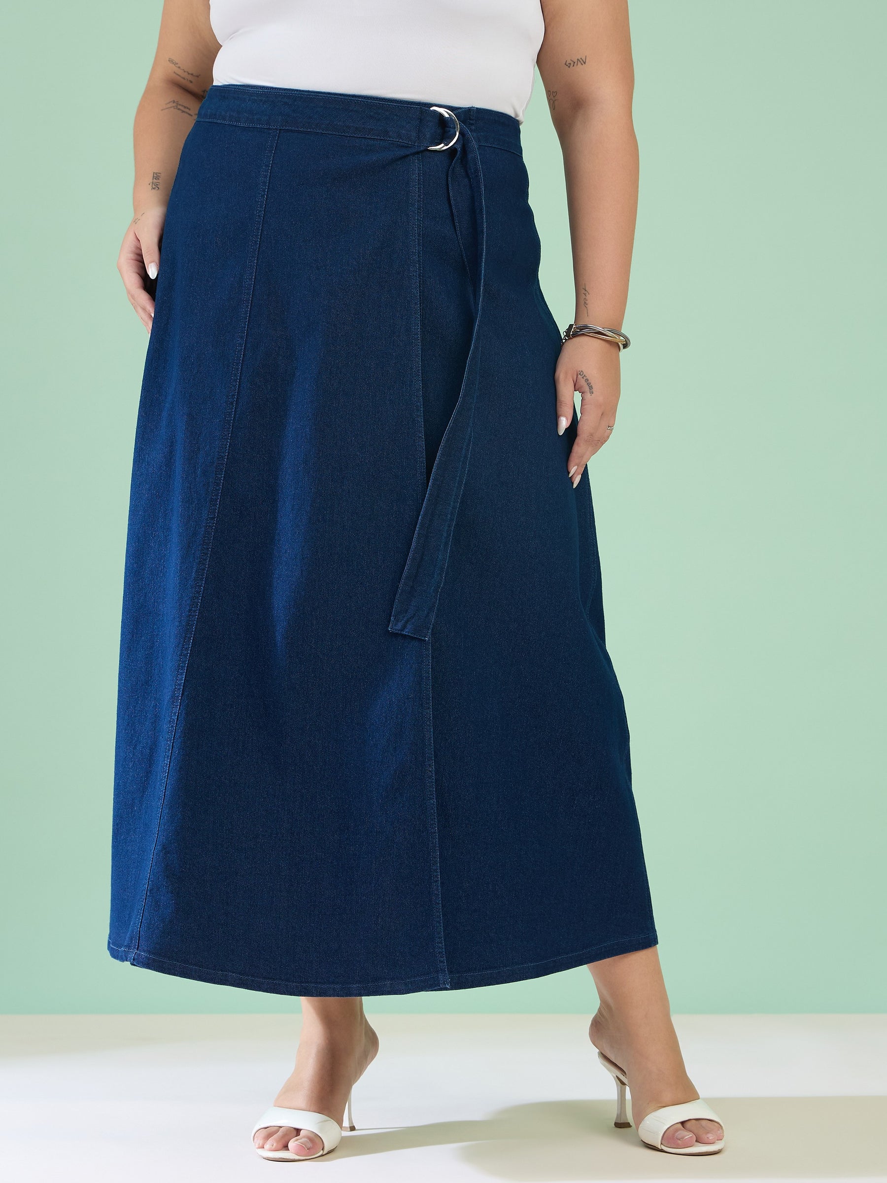 Navy Wash Side Pocket Midi Wrap Skirt-SASSAFRAS Curve