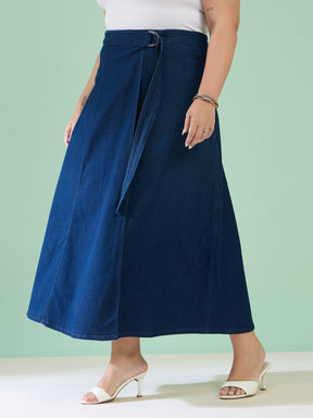 Navy Wash Side Pocket Midi Wrap Skirt-SASSAFRAS Curve