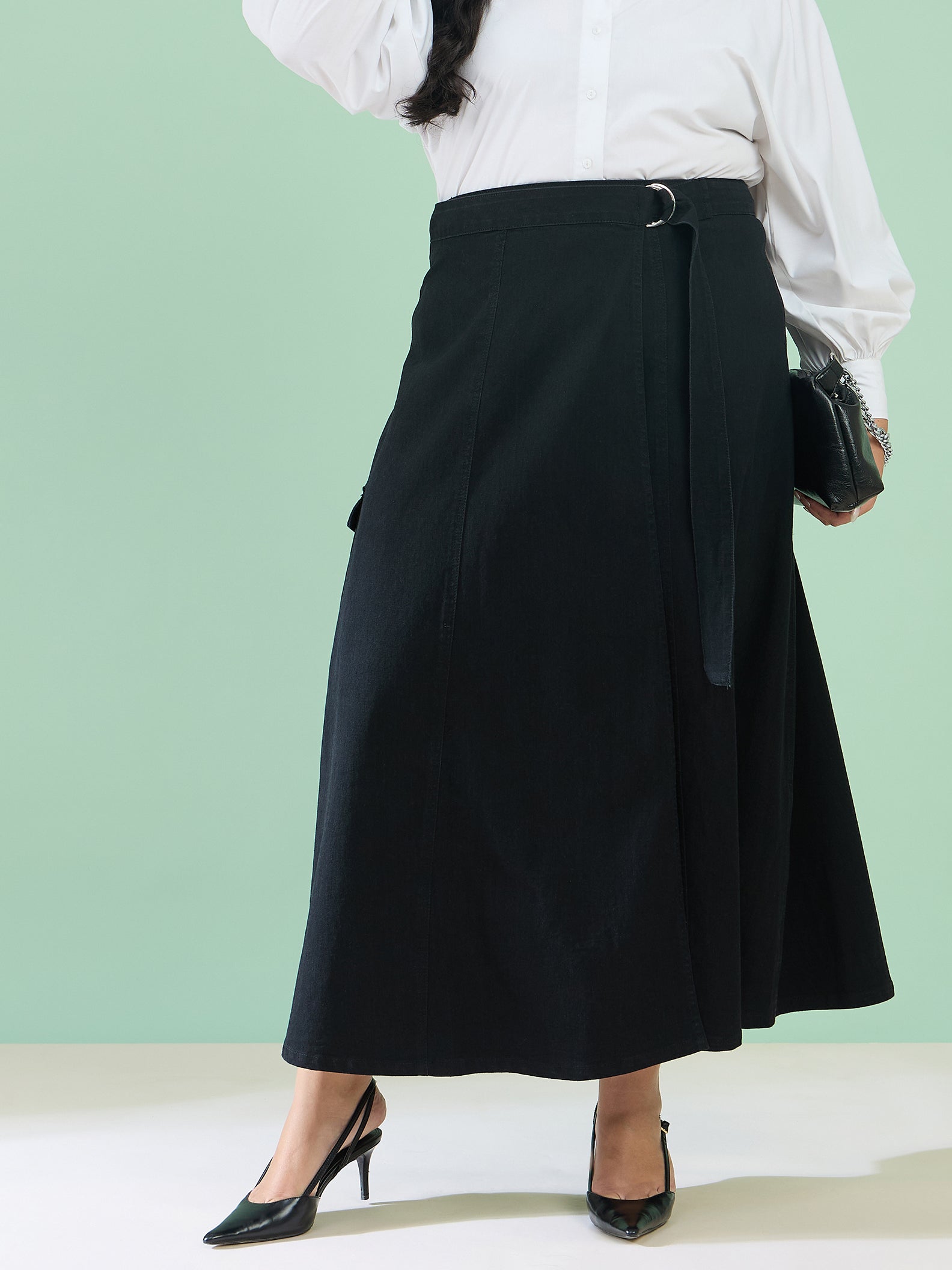 Black Wash Side Pocket Midi Wrap Skirt-SASSAFRAS Curve