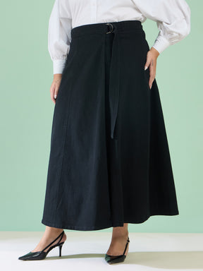 Black Wash Side Pocket Midi Wrap Skirt-SASSAFRAS Curve