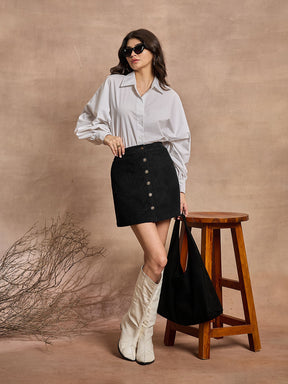 Black Corduroy Button Down Mini Skirt -SASSAFRAS