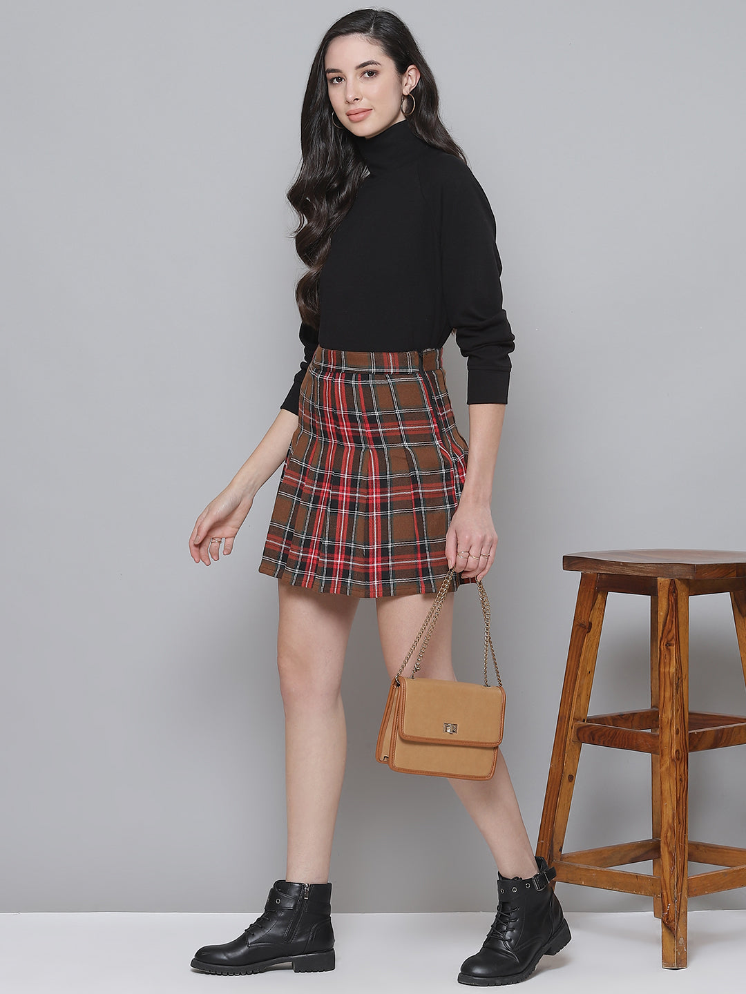 Brown Plaid Check Mini Skirt - Main Image