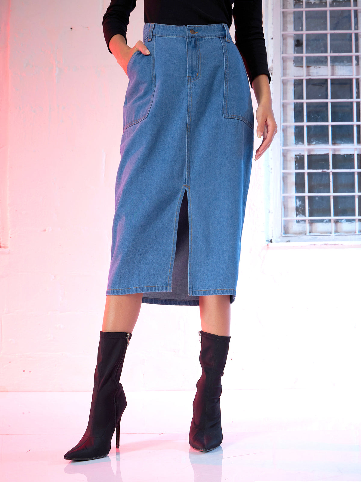 Women Blue Denim Front Slit Skirt