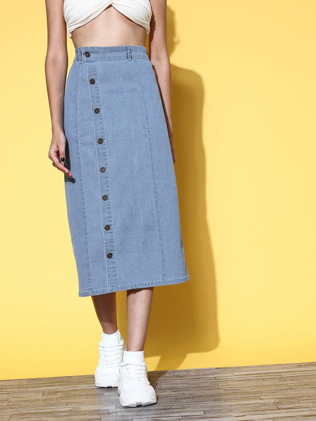 Blue Front Button Midi Denim Skirt-SASSAFRAS