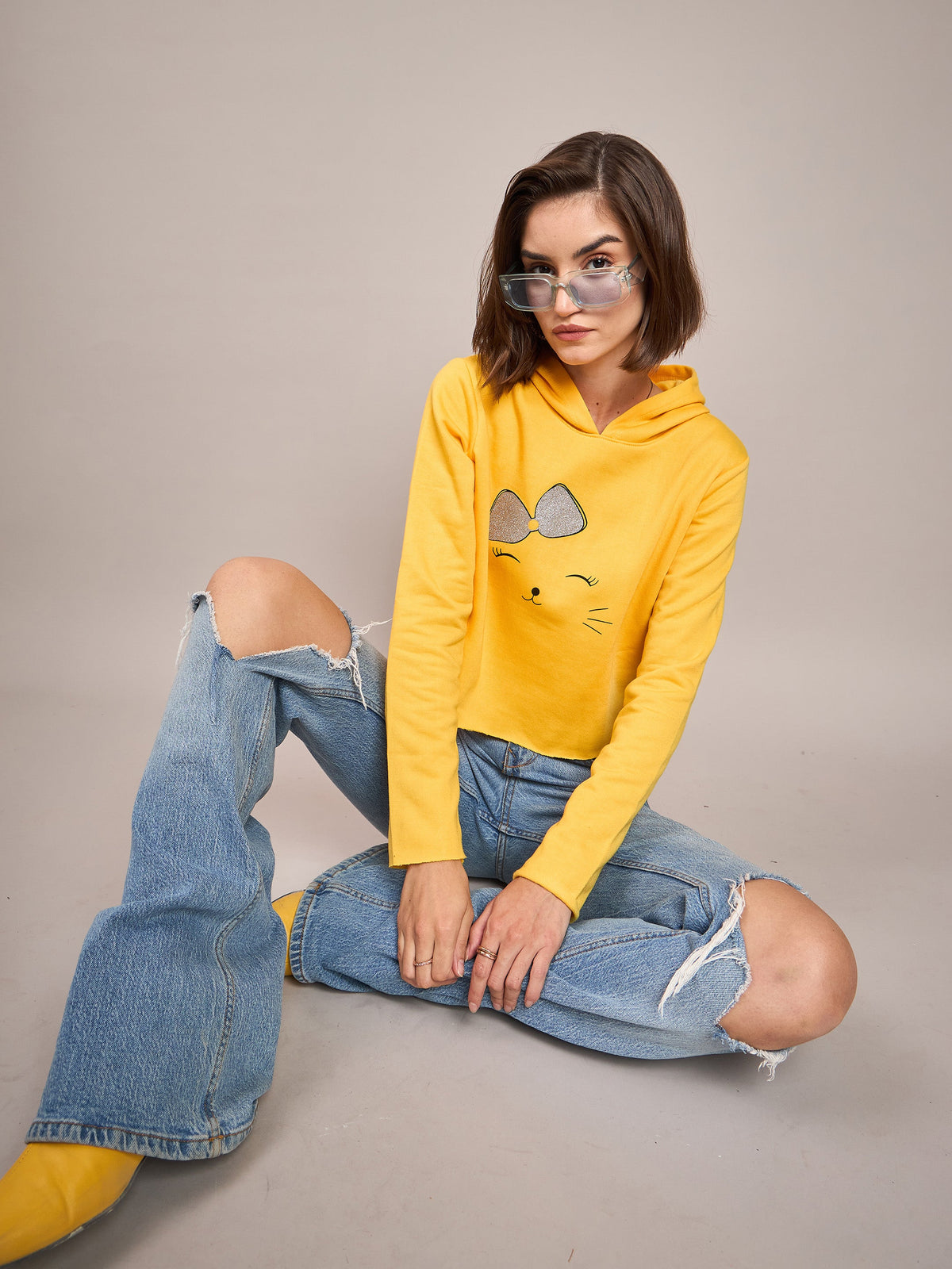 Yellow Kitty Sweatshirt-SASSAFRAS