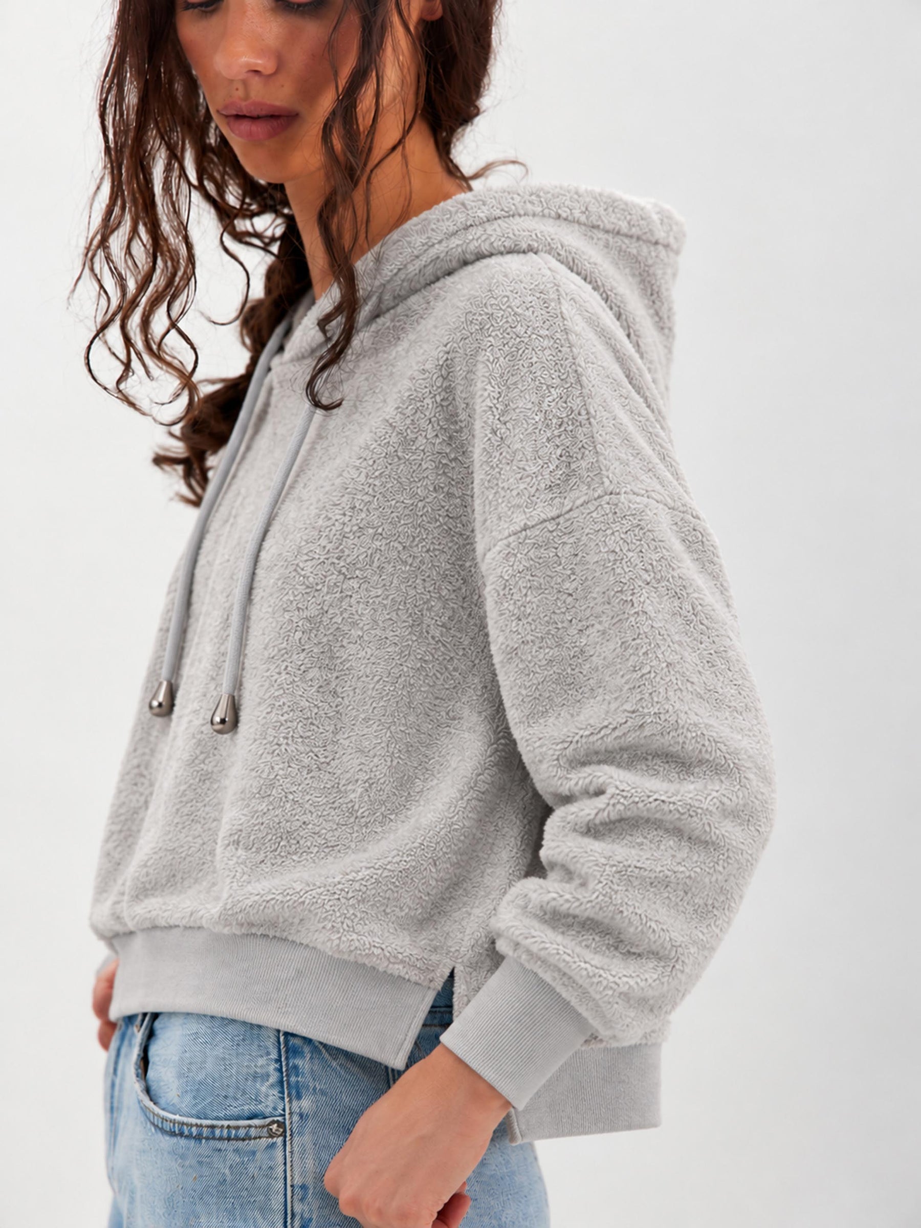 Grey Hooded Faux Fur Sweatshirt-SASSAFRAS