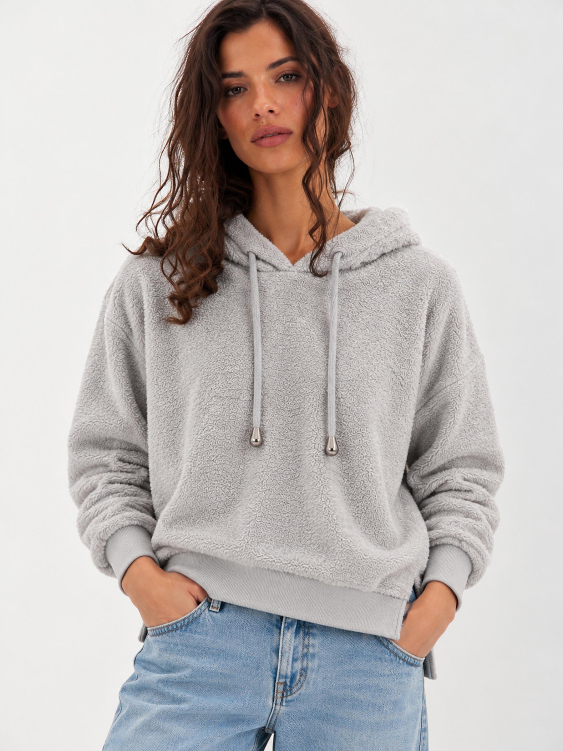 Grey Hooded Faux Fur Sweatshirt-SASSAFRAS