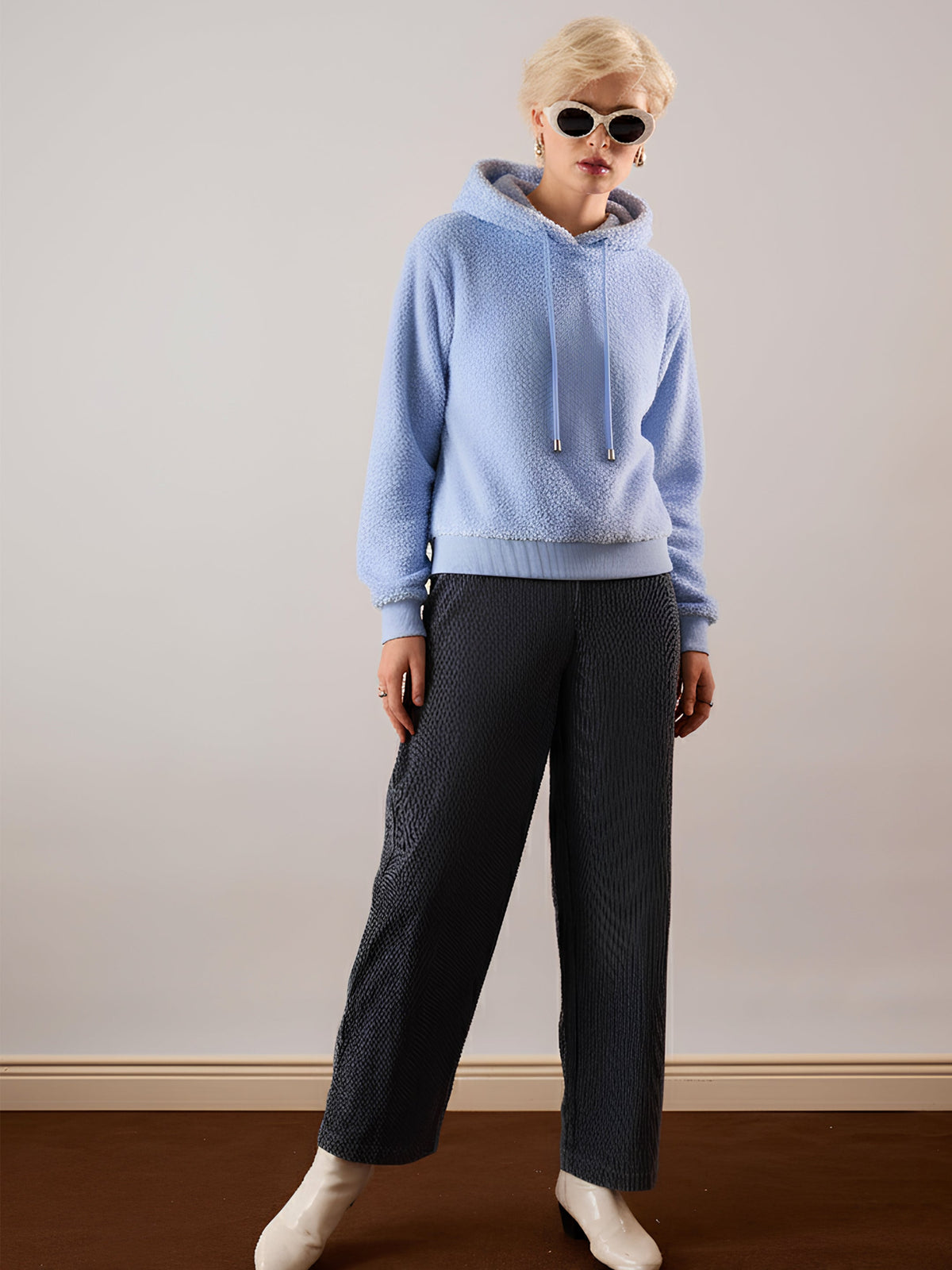 Blue Hooded Faux Fur Sweatshirt-SASSAFRAS