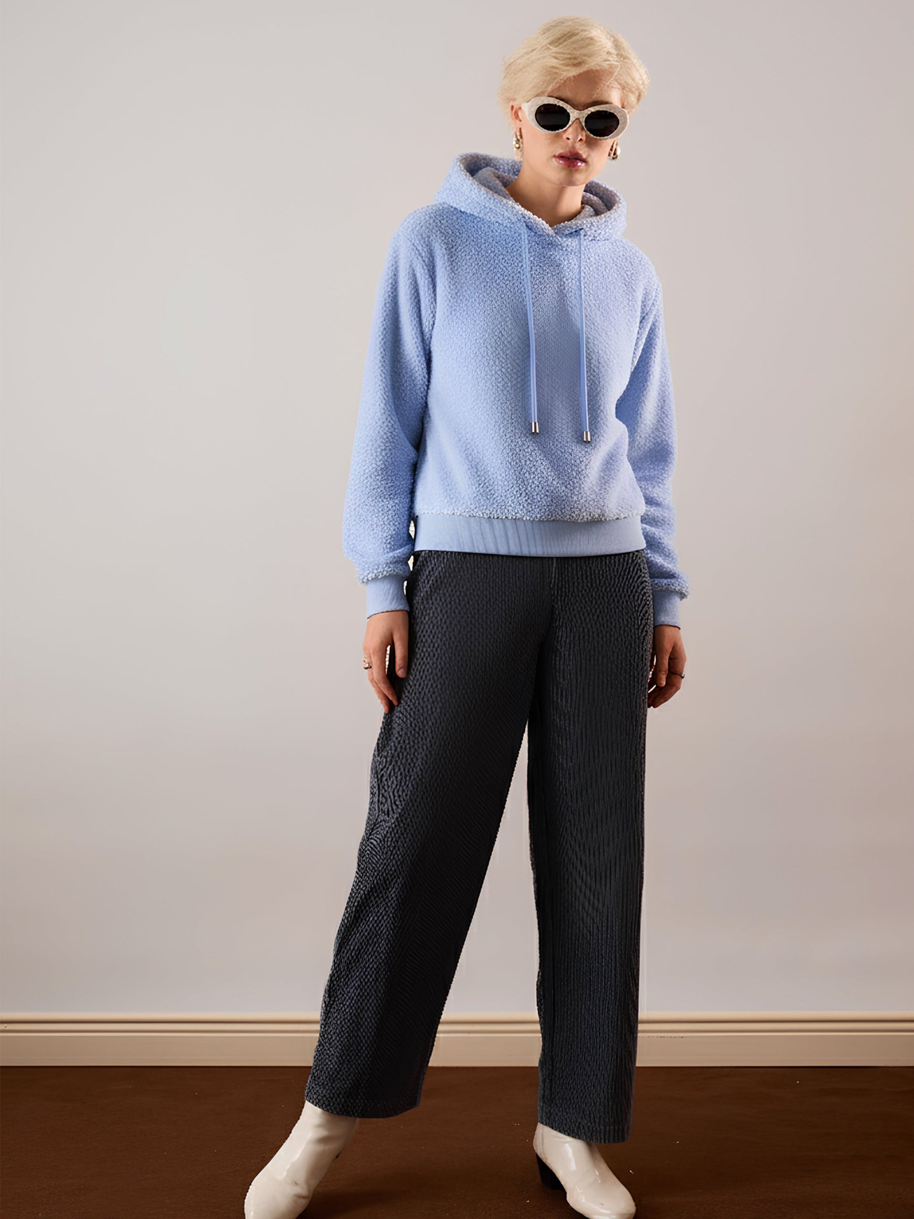 Blue Hooded Faux Fur Sweatshirt-SASSAFRAS