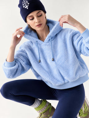 Blue Hooded Faux Fur Sweatshirt-SASSAFRAS