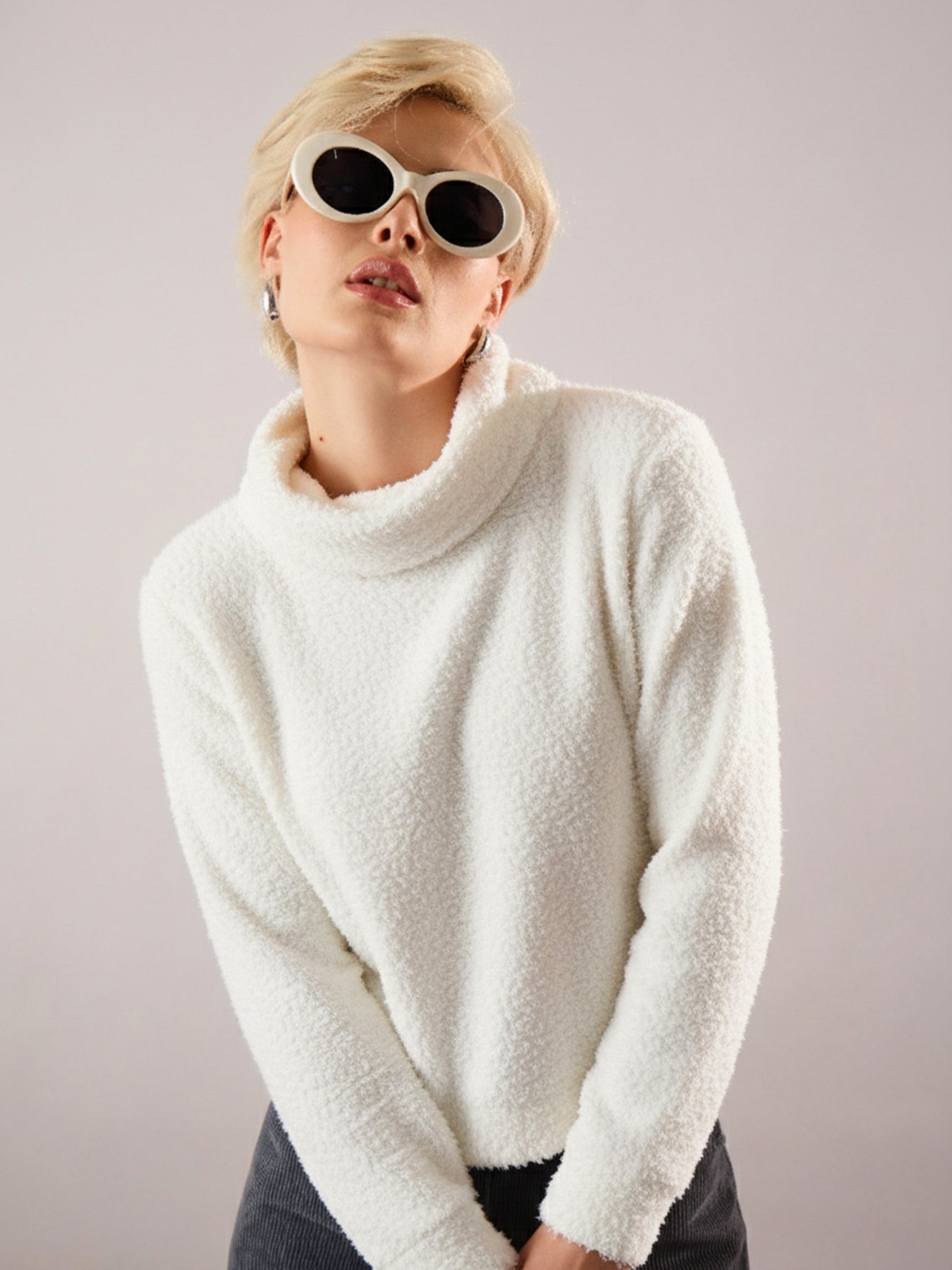 White High Neck Faux Fur Sweatshirt-SASSAFRAS