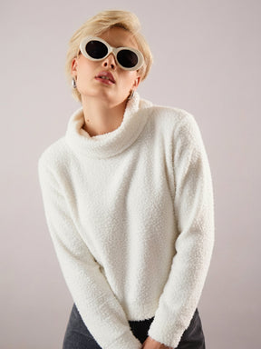 White High Neck Faux Fur Sweatshirt-SASSAFRAS
