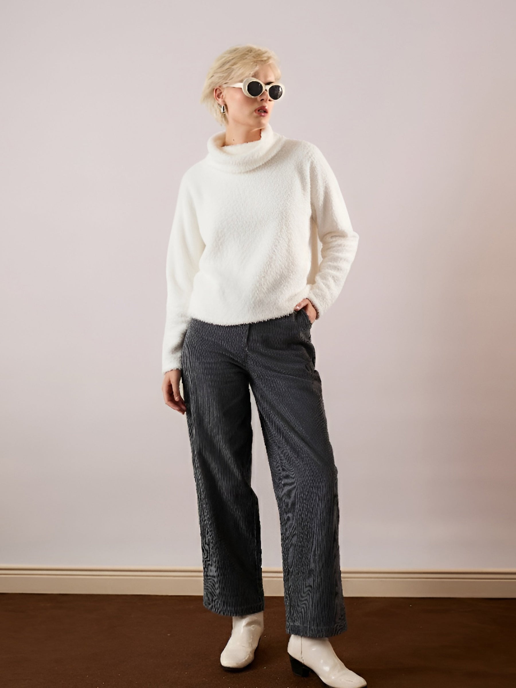 White High Neck Faux Fur Sweatshirt-SASSAFRAS