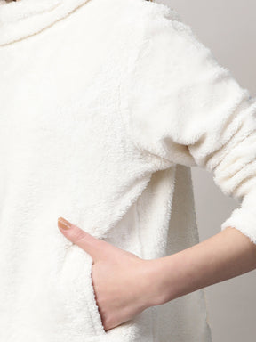 White High Neck Faux Fur Sweatshirt-SASSAFRAS